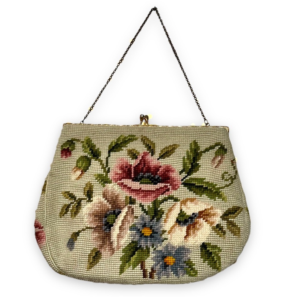 Vintage Christine Custom Bags Needlepoint Kiss Clasp Mid Century Floral Colorful